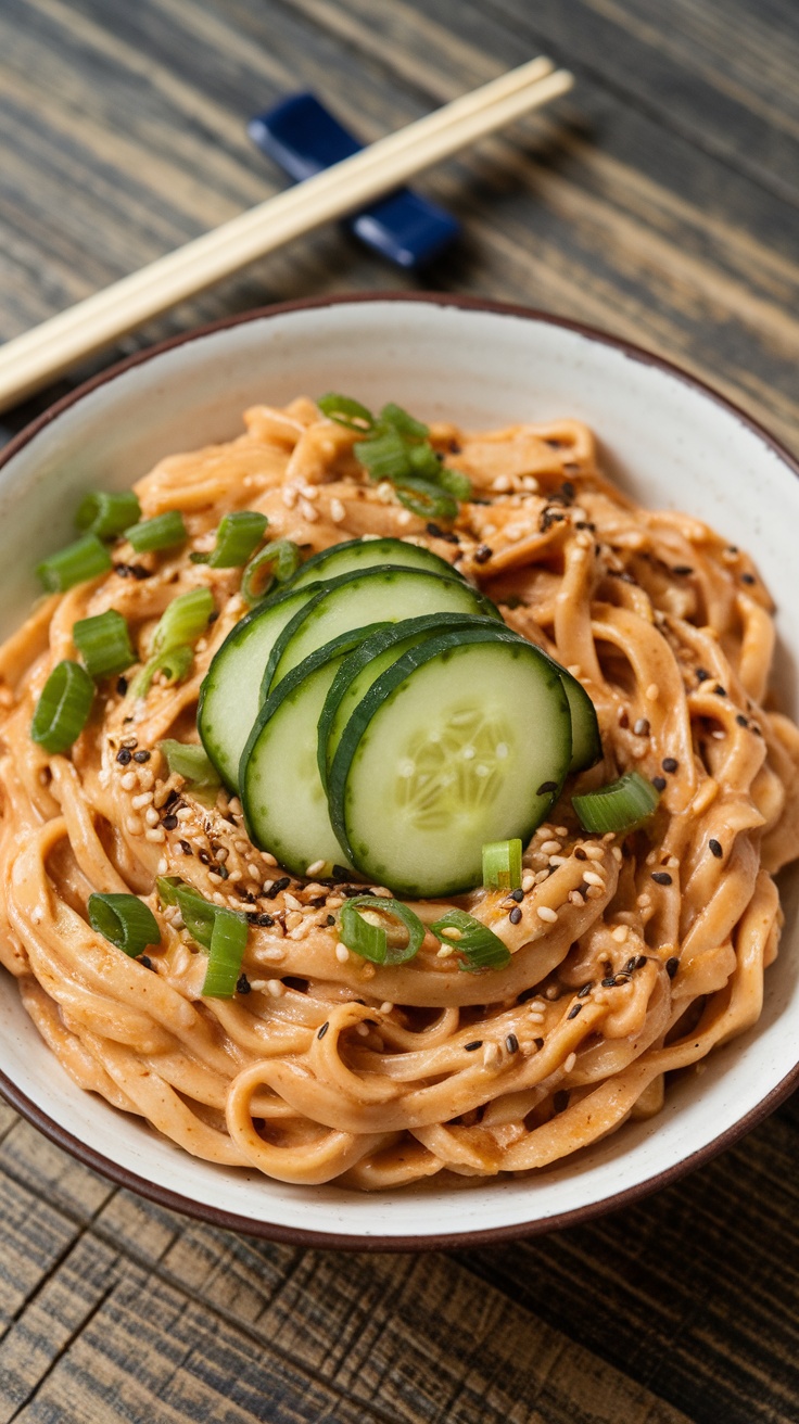 A bowl of sesame noodles with cucumber, garnished with sesame seeds and scallions on a rustic table.